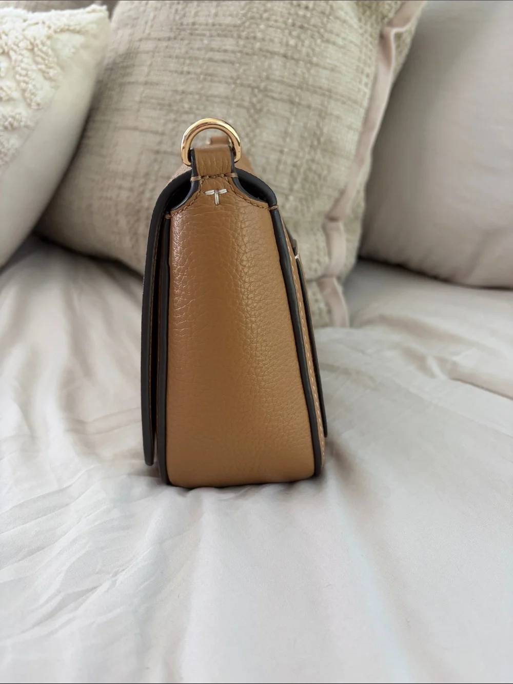 Tory Burch Thea Caramel Tan Pebbled Leather Crossbody with Gold Hardware